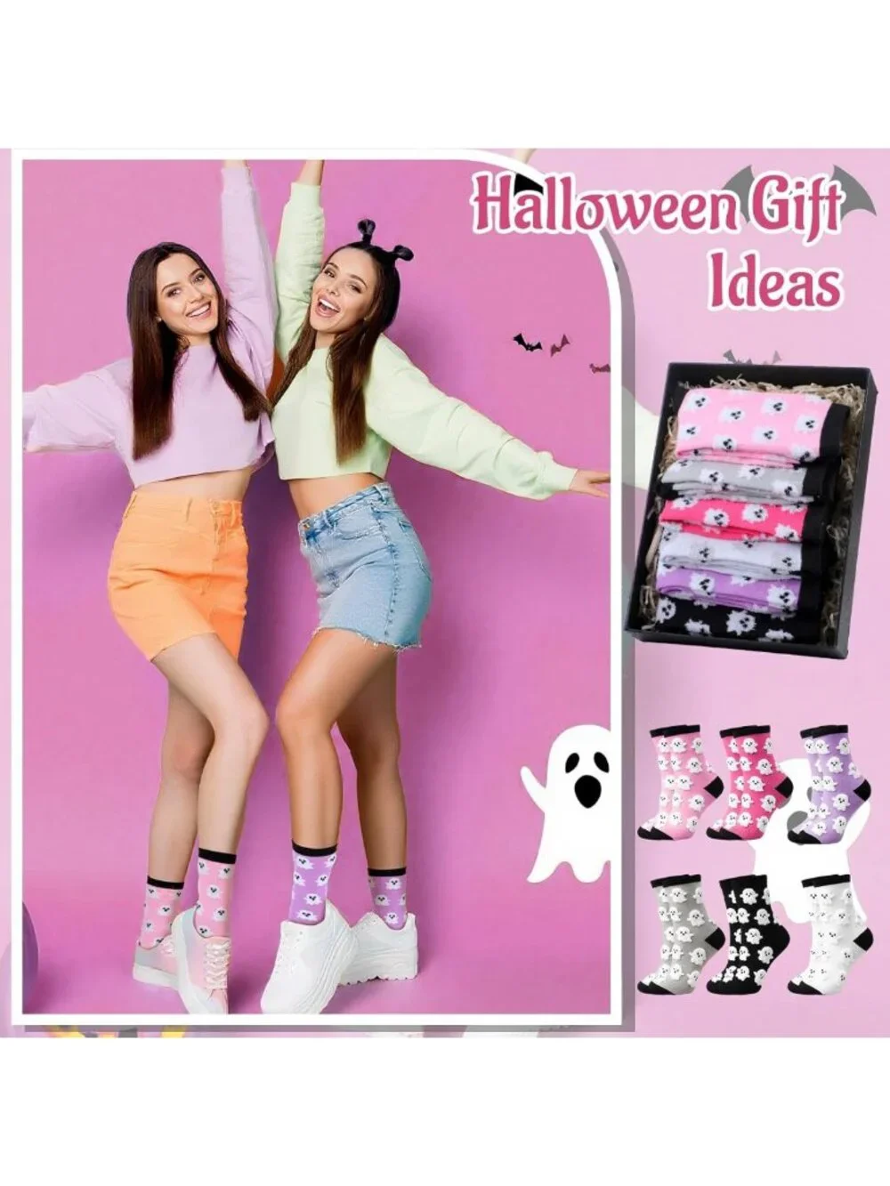 Cute Ghost Halloween Socks for Women - 6 Pairs Fuzzy Cotton Crew, Spooky Fun